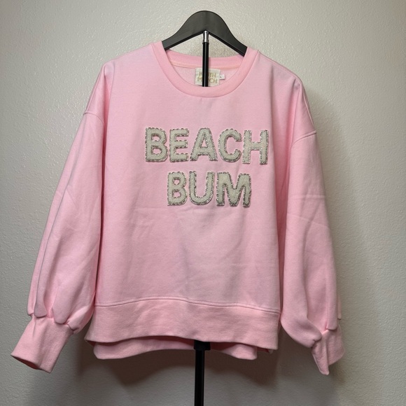 Judith March Tops - Judith March Beach Bum Oversized Baby Pink Sweatshirt With Beaded Lettering L